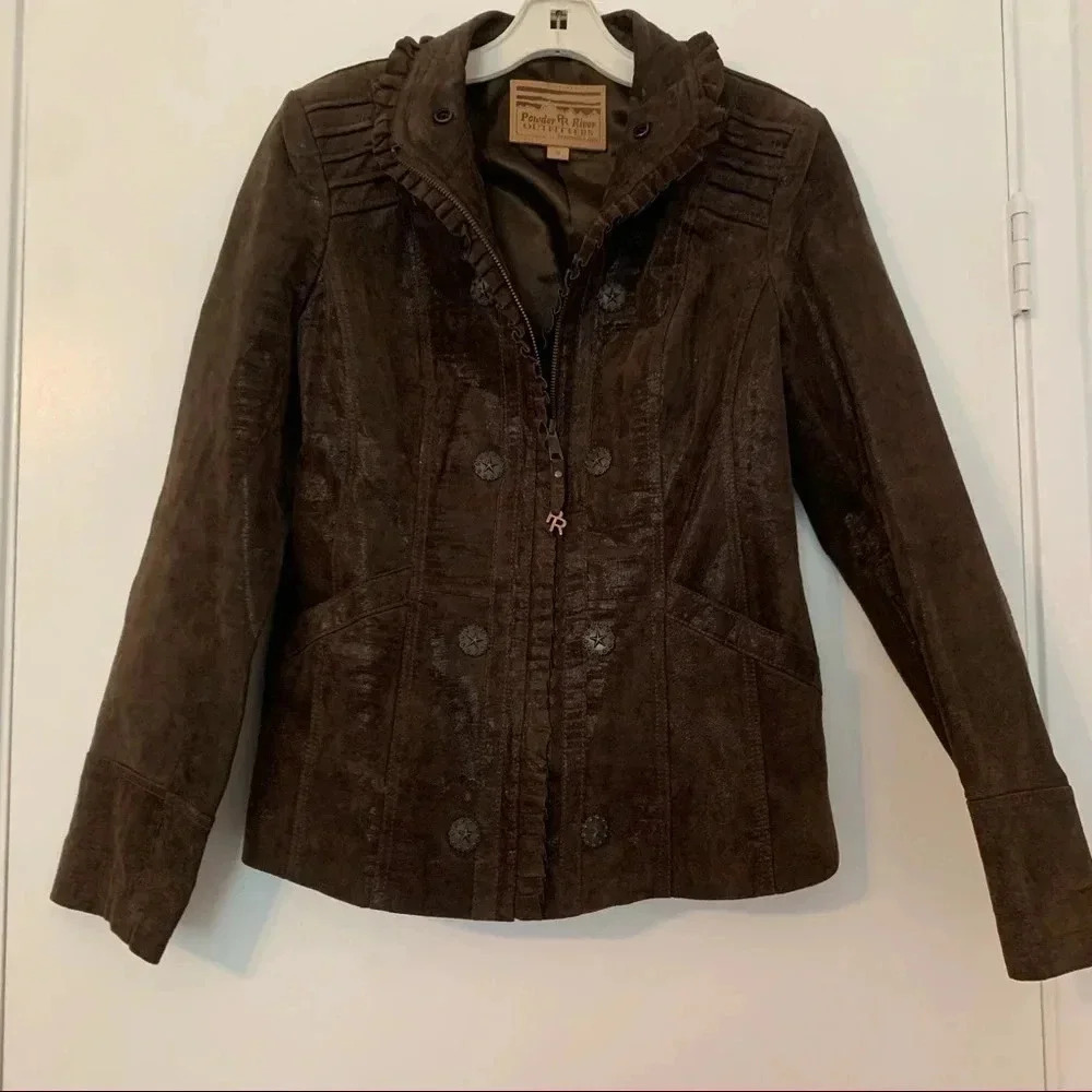 Powder River Outfitters Brown Western Leather Jacket Boho Conch Tribal Suede
